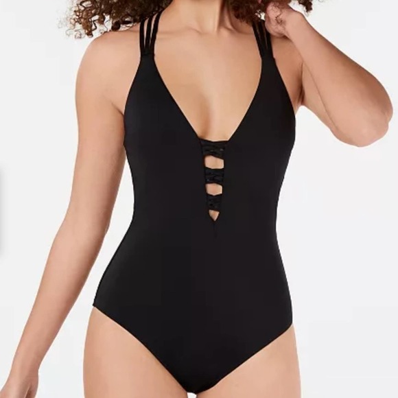 Bar III Women's Black Sunset Solids Strappy Ladder Plunge One-Piece Swimsuit - Picture 1 of 3